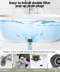Hassle Free Snap Fit Universal Bathtub Drain Stopper, Pop Up Bath Plug With Matte Black Finish in use with water.