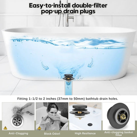 Hassle Free Snap Fit Universal Bathtub Drain Stopper, Pop Up Bath Plug With Matte Black Finish in use with water.