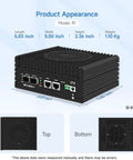 Badass Intel Alder Lake N100 Mini PC Router And Firewall System in black, showcasing ports and fan design, dimensions 5.83x5.00x2.36 inches.