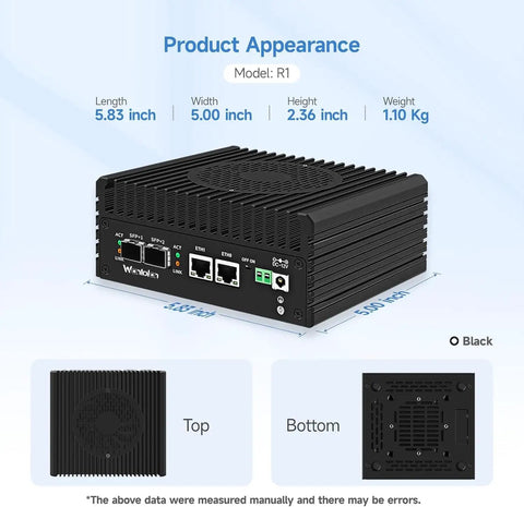 Badass Intel Alder Lake N100 Mini PC Router And Firewall System in black, showcasing ports and fan design, dimensions 5.83x5.00x2.36 inches.