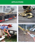 Various applications of 2 Pack 3/8 Inch Slip Hook With Safety Latch, G70 Forged Steel Tow Chain Hook in towing and securing trucks.