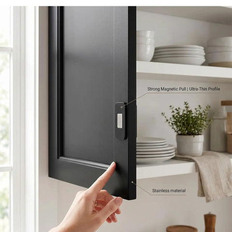 Strong No Drill Magnetic Cabinet Catches With Adhesive Backing Stainless Steel Latches on kitchen cabinet door.
