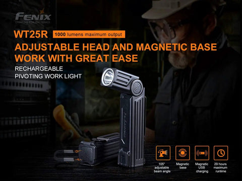 WT25R 1000 Lumen Rechargeable Handheld Work Light with Pivoting 105 Degree Head, Magnetic Base on workbench