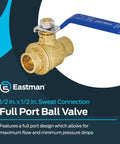 Heavy Duty Full Port Brass Ball Valve 1/2 In Sweat To 1/2 In Sweat Inline Plumbing Valve for Systems, DIY Friendly, Low Pressure Drop