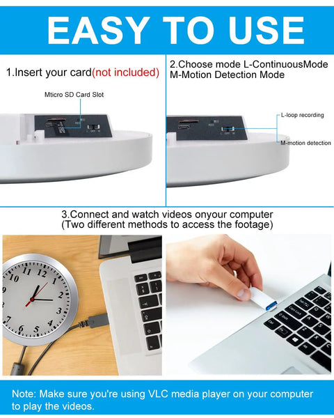 How to use the 1080P Indoor Security Wall Clock Camera With Motion Detection Hidden Nanny Cam For Home Office No WiFi No Audio Spy Clock That Fits Your Wall And Lets You Monitor Day And Night Without Obvious Camera Exposure, showing memory card insertion and video access steps.