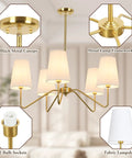5 Light Modern Chandelier With White Fabric Shades, 30-In Brass Gold Pendant Ceiling Light components