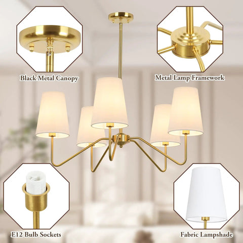 5 Light Modern Chandelier With White Fabric Shades, 30-In Brass Gold Pendant Ceiling Light components