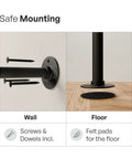 Close-up of Heavy Duty Wall Mounted Shelf Brackets for DIY Industrial Shelving with screws and dowels, black steel pipe design.