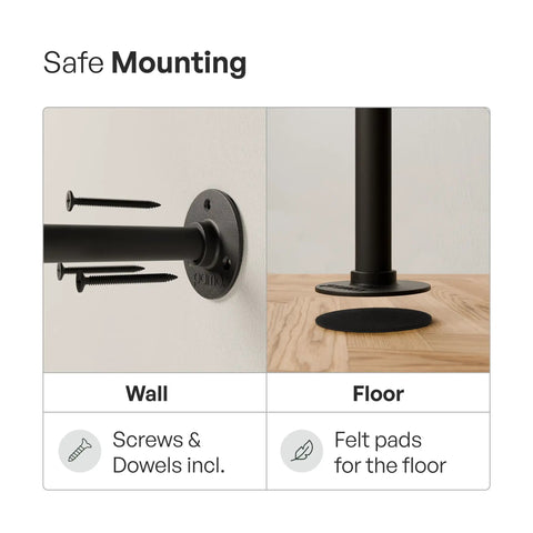 Close-up of Heavy Duty Wall Mounted Shelf Brackets for DIY Industrial Shelving with screws and dowels, black steel pipe design.