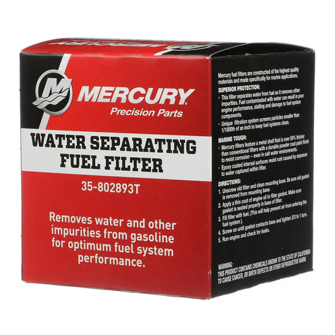 Water Separating Fuel Filter For Remote Mounted Filter Systems, product packaging, model 802893T, Mercury brand box.