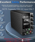 Variable DC Power Supply 30V 10A with On Off Output Switch and High Precision 4-Digit LED Display and safety features.