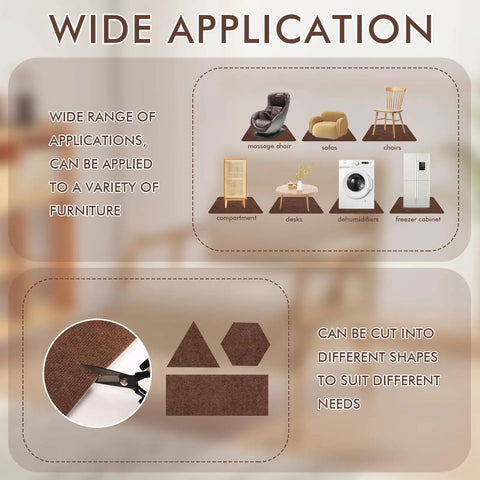 Non Slip Recliner Pads For Hardwood Floors And Tile shown in various furniture applications and shapes, 40 x 40 inch brown mat.