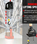 Rock Solid Portable Electric Hoist Winch 1100 Lbs With Wired Remote positioned in warehouse for lifting heavy loads safely.