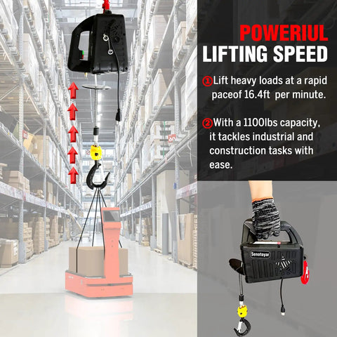 Rock Solid Portable Electric Hoist Winch 1100 Lbs With Wired Remote positioned in warehouse for lifting heavy loads safely.