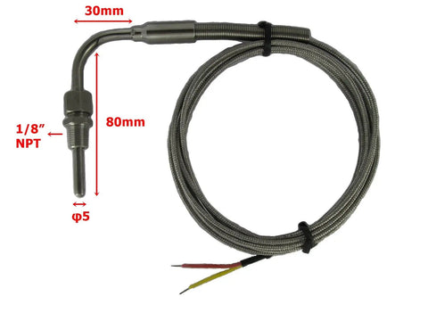 High Temp Exhaust Gas Temperature K Type Thermocouple Sensor for Cars and Autos, EGT Probe with 2m lead and 5mm diameter