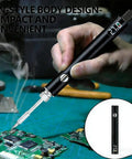 Person using the Cordless USB C Soldering Pen Cart for Electronics Repair, LED Screen, 450 Degree Temperature Control, 650mAh Battery, Black on a circuit board.