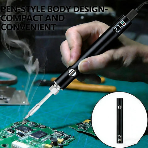 Person using the Cordless USB C Soldering Pen Cart for Electronics Repair, LED Screen, 450 Degree Temperature Control, 650mAh Battery, Black on a circuit board.
