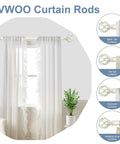 White Farmhouse Curtain Rod With Dope Vintage Twist Finials, Adjustable From 36 To 88 Inches displayed with various curtain styles