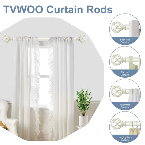 White Farmhouse Curtain Rod With Dope Vintage Twist Finials, Adjustable From 36 To 88 Inches displayed with various curtain styles