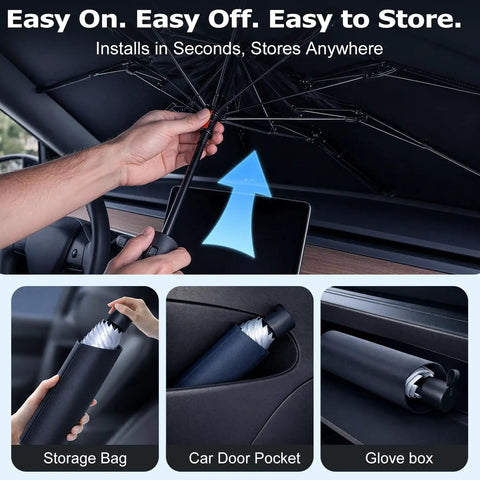 Upgraded Windshield Sun Shade Umbrella For Car With Reinforced Frame And UV Block Heat Shield in use and storage examples