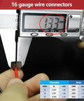 Digital caliper measuring 16 gauge wire with diameter chart, focus on 6 Pin Waterproof Electrical Wire Connector Male And Female Quick Disconnect Plug Socket For Cars Trucks Motorcycles Boats Marine Use Durable PA66 Nylon High Temperature Resistance Wear Resistant Easy Water Seal Plug And Play