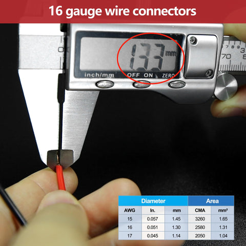 Digital caliper measuring 16 gauge wire with diameter chart, focus on 6 Pin Waterproof Electrical Wire Connector Male And Female Quick Disconnect Plug Socket For Cars Trucks Motorcycles Boats Marine Use Durable PA66 Nylon High Temperature Resistance Wear Resistant Easy Water Seal Plug And Play