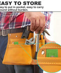 No Fuss 4 In 1 Trim Reveal Tool For Spot On Door Jamb Cut Marks And Heavy Duty Magnetic Stud Finder in a yellow tool bag.