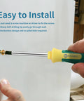 Hand installing a heavy duty picture hanger screw into drywall with a screwdriver, showcasing ease of use. 15 Piece Heavy Duty Picture Hangers With Double Headed Screws Rock Solid Drywall And Wood Wall Hooks 100 Lb Capacity No Fuss Setup For Artwork Frames And Large Mirrors.