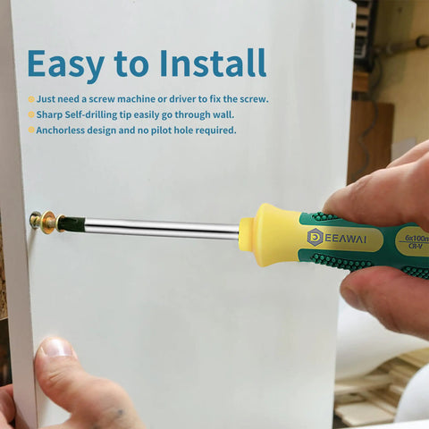 Hand installing a heavy duty picture hanger screw into drywall with a screwdriver, showcasing ease of use. 15 Piece Heavy Duty Picture Hangers With Double Headed Screws Rock Solid Drywall And Wood Wall Hooks 100 Lb Capacity No Fuss Setup For Artwork Frames And Large Mirrors.
