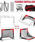2 Pack 4 By 3 Foot Pop Up Soccer Goals For Backyard And Indoor Play Kids Youth And Adult Training Equipment Portable Nets With Ground Nails And Carry Bag Gift For Ages 3 To 16 showing flexible installation instructions.