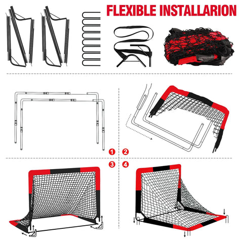 2 Pack 4 By 3 Foot Pop Up Soccer Goals For Backyard And Indoor Play Kids Youth And Adult Training Equipment Portable Nets With Ground Nails And Carry Bag Gift For Ages 3 To 16 showing flexible installation instructions.