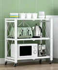 Portable Foldable Storage Shelves Freestanding Three Tier Kitchen Shelving Unit White with kitchen appliances on display.