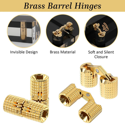 8 Pcs Solid Brass Barrel Hinges 18x8mm for Wooden Jewelry Boxes, Invisible Concealed 180 Degree Flush Mount Hardware Kit