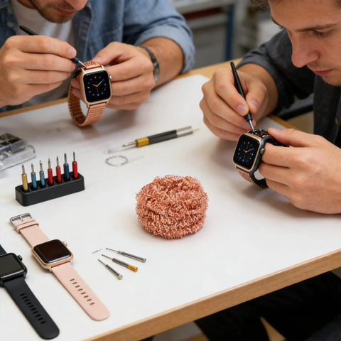 Two men repairing watches with a Top Grade Solder Tip Cleaning Brush Made With Heavy Duty Wire Sponge For High Temp Irons.