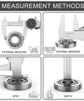 Dial Caliper With Shockproof Black Dial Face, 0-6 In Range, 0.001 In Resolution, Four-Way Measurement, showing various methods