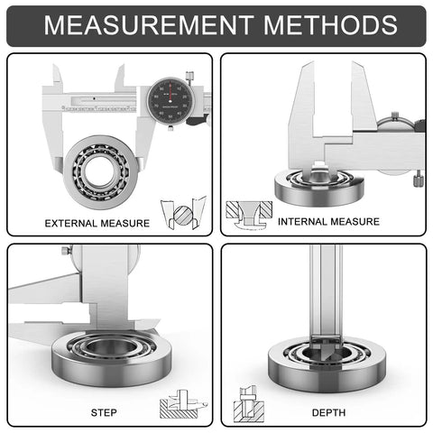 Dial Caliper With Shockproof Black Dial Face, 0-6 In Range, 0.001 In Resolution, Four-Way Measurement, showing various methods