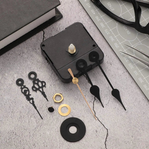 DIY Clock Movement Kit Quartz Battery Operated Replacement Mechanism With Two Pairs Of Short Hands set on textured surface