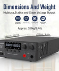 Variable DC Bench Power Supply 0-60V 0-20A 1200W with encoder knob, 4 digit LED display, black metal body, dimensions 290x210x80mm.