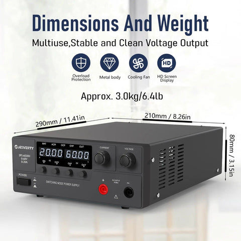 Variable DC Bench Power Supply 0-60V 0-20A 1200W with encoder knob, 4 digit LED display, black metal body, dimensions 290x210x80mm.