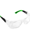 Clear safety glasses with black and green earpieces, Safety Glasses With Readers Plus 3.00 Magnification, UV Protection, ANSI Z87 High Impact Lenses