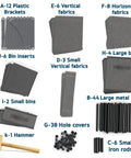 Components of Six Cube Storage Organizer With Fabric Bins, including vertical and horizontal fabrics, metal rods, and hammer.