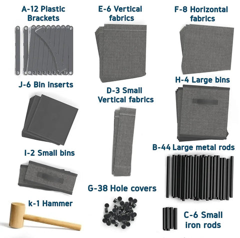 Components of Six Cube Storage Organizer With Fabric Bins, including vertical and horizontal fabrics, metal rods, and hammer.