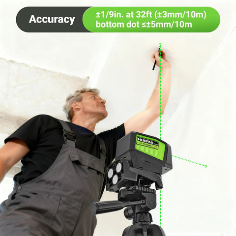 Man using Three Point Self Leveling Laser Level With Plus Mode And 360 Degree Magnetic Base For Quick Plumb Dots Alignment, DIY Friendly And Pro Grade, 98-165 Ft Range, Includes 2 AA Batteries And Hard Carrying Case PL300G on ceiling