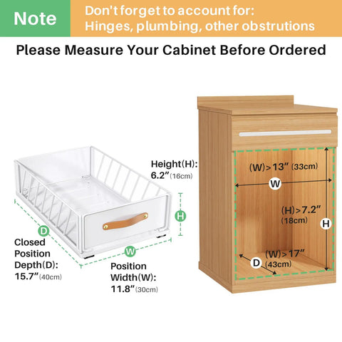 Top Shelf Pull Out Cabinet Organizer With Adhesive Nano Film Hella Sturdy Slide Out Pantry Shelves And Sliding Mesh Basket With Handle For Kitchen Bathroom And Home 11 Point 8 By 15 Point 7 By 6 Point 2 Inches White measuring guide with dimensions shown