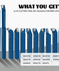 11-piece blue carbide-tipped lathe cutter set with 10x10mm cutters for metal turning, boring and chamfering