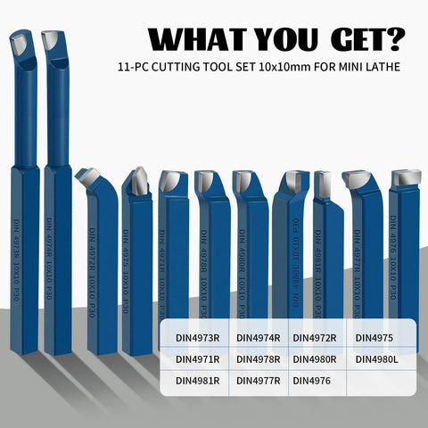 11-piece blue carbide-tipped lathe cutter set with 10x10mm cutters for metal turning, boring and chamfering