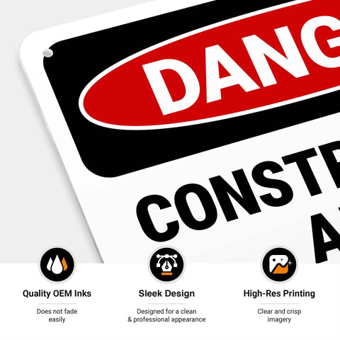 Construction Zone Danger Sign Requiring Hard Hats, Safety Glasses, And Safety Shoes For Job Sites, 10x14 Inches, 55 Mil HDPS Material