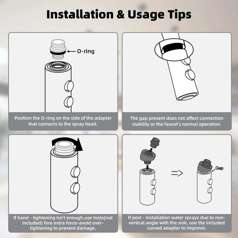 Installation tips for Heavy Duty Stainless Steel Kitchen Faucet Head Replacement showing O-ring placement and usage.