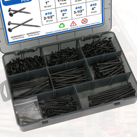 Ultimate Deck Screw Kit For Woodworking, 240Pcs Size 8 Black Wood Screws in 5 Lengths with Torx Flat Head in a plastic case