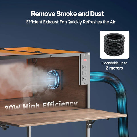 Laser Engraver Enclosure Cabinet With Exhaust And Ventilation Fan, showing exhaust system removing smoke inside the cabinet.